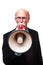 Can you hear me Furious mature man in formalwear shouting at megaphone while standing isolated on white background