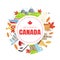 Canada Banner Template with Canadian National Cultural Symbols of Round Shape Vector Illustration