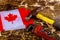 canada canadian flag labor day hammer, wrench wooden background. Labor day concept.