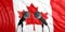 Canada flag background with two microphones in front of it. Close up view. 3d illustration