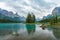 Canada forest landscape of Spirit Island with big mountain in the background, Alberta, Canada