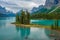 Canada forest landscape of Spirit Island with big mountain in the background, Alberta, Canada