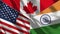 Canada and India and USA Realistic Three Flags Together