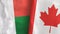 Canada and Madagascar two flags textile cloth 3D rendering