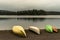 Canada Ontario Lake two rivers grey morning dark atmosphere Canoe Canoes parked beach water in Algonquin National Park