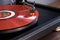 CANADA, Ontario - Nov 09, 2019: Turntable Tonearm with Headshell on the Red Vinyl