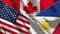 Canada and Philippines and USA Realistic Three Flags Together