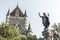 Canada Quebec City Fountain Monument of Faith woman in front of Chateau Frontenac tourist attraction UNESCO Heritage