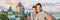 Canada summer travel tourists couple taking selfie photo at famous Quebec city landmark panoramic banner landscape