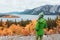 Canada travel hike tourist walking at Bove island, Tagish Lake, Yukon during Skagway road trip, Alaska. Hiker woman in