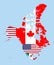 Canada, United States and Mexico vector map combined with flags