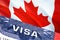 Canada Visa Document, with Canada flag in background. Canada flag with Close up text VISA on USA visa stamp in passport,3D