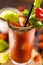 Canadian Caesar drink. Made with vodka, hot sauce and Worcestershire sauce, served with ice in a celery glass with a salted rim,