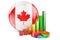 Canadian flag with growth bar graph and pie chart. Business, finance, economic statistics in Canada concept. 3D rendering