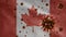 Canadian flag waving with Coronavirus outbreak. Pandemic Covid 19 Canada closeup