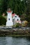 A Canadian Flags flies beside a White and Red Lighthouse