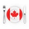 Canadian Food or Cuisine Concept. Fork, Knife and Plate with Canada Flag. 3d Rendering