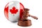Canadian law and justice concept. Wooden gavel with flag of Canada. 3D rendering