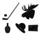 A canadian policeman`s hat, a bottle of maple syrup and other Canadian symbols.Canada set collection icons in black