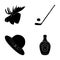 A canadian policeman`s hat, a bottle of maple syrup and other Canadian symbols.Canada set collection icons in black