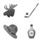 A canadian policeman`s hat, a bottle of maple syrup and other Canadian symbols.Canada set collection icons in monochrome
