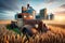Canadian Prairies Sunrise Grain Elevators Rural Countryside Vintage Retro Rusted Vehicles Farming AI Generated
