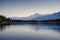 Canadian rockies with autumn forest and clear sky on Pyramid lake in Jasper national park