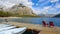 Canadian rocky mountains by Lake Minnewanka reservoir view from boating dock