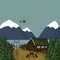 Canadian and scandinavian red brown wooden houses with grass on the roof and yellow trees, mountains, helocopter vector