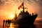 A Canadian warship and military soldiers near it. Art drawing of the Armed Forces of Canada. AI Generated.