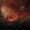 Canadian wildfire portrayal in a forest. Concept for summer forest fires, Canadian flag flying for firefighters