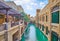 The canal amid the buildings of Souk Madinat Jumeirah market, Dubai, UAE