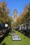 Canal boat in autumn in Delft, Holland