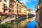 Canal du Thiou and colorful houses in old town of Annecy. French Alps, France