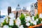 Canal Grande with Venice gondola and Basilica di Santa Maria della Salute in Venice, Italy. Spring defocused flower in