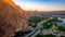 Canal, Lake, bridge and mountain at sunrise