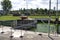 Canal lock with a closed steel gate on the Moselle river in West Germany.