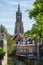 Canal and Long John church tower in Amersfoort, Netherlands