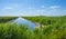 Canal with reed in a rural area below a blue  sky in sunlight in spring