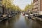 Canal scene with a bicycles, boats and traditional Dutch houses in Red Light District. Amsterdam.