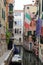 Canal in Venice with docked gondola and boats,