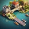 Canals Design picturesque waterways with boats arched bridges picturesque scenes AI Isometric game