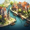 Canals Design picturesque waterways with boats arched bridges picturesque scenes AI Isometric game