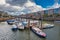 Canals with floating church, bridges and storehouses in Hamburg, Germany