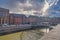 Canals with floating church, bridges and storehouses in Hamburg, Germany