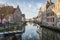 Canals and old medieval houses, Brugge, West Flanders,Belgium. Winter sunny cityscape