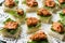 Canape with Muhammara, Adjika, Ajika or Acuka on Small Square Breads with Round Plate.