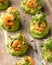 Canape with prawn, cucumber and avocado guacamole, party food, finger food