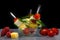 Canape with vegetables, sausage and cheese. The background is bl