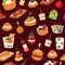 Canapes, mini burgers, appetizer, finger food with caviar, olives and green vegetables cartoon seamless pattern vector